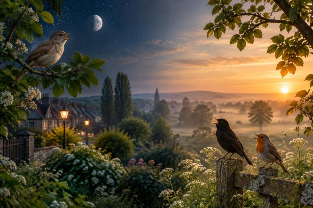 découvrez les oiseaux qui chantent la nuit ou à l’aube, des espèces que l’on peut entendre en ville comme à la campagne.