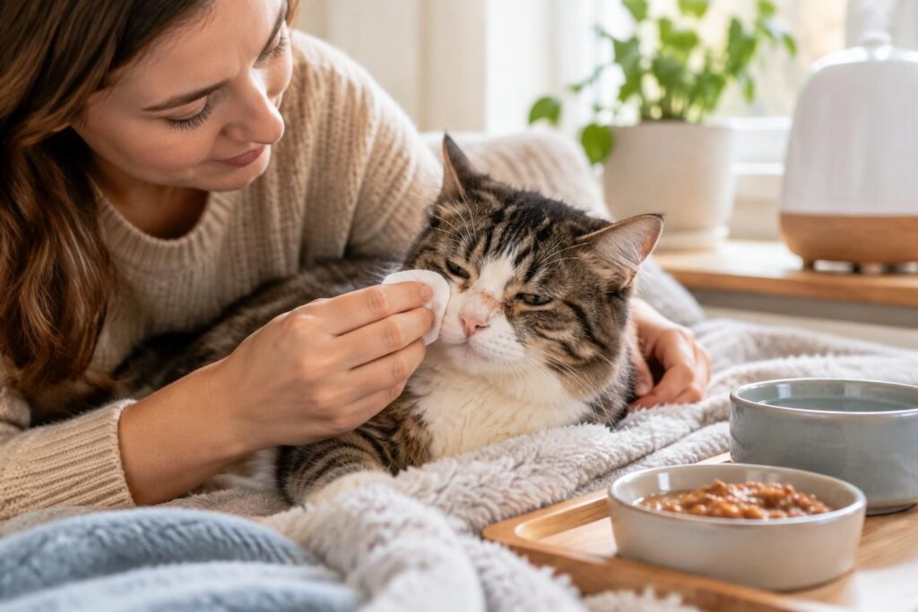 coryza du chat : découvrez les soins de soutien à la maison, les gestes à éviter et les signes qui nécessitent une consultation vétérinaire.